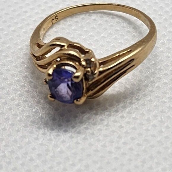 14K YELLOW GOLD RING TANZANITE & DIAMONDS SIZE 6 - Picture 8 of 9